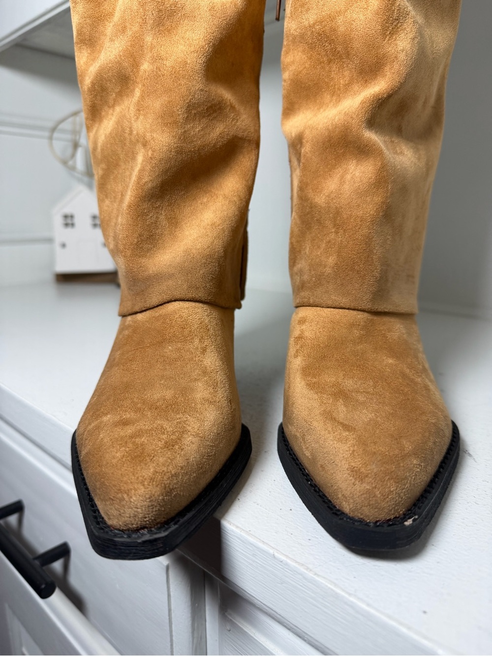 Zodiac Western Boots Women 7 Tan Suede Appliqué Cowboy Boots Boho Festival Tall - Picture 3 of 8